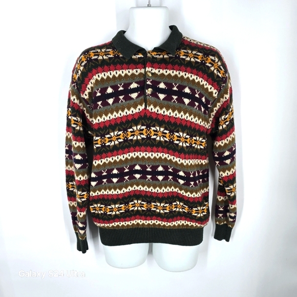 Vintage The Heartland Company Ltd. Men Small Fair Isle Knit Polo Sweater 90s Y2K - Picture 1 of 7